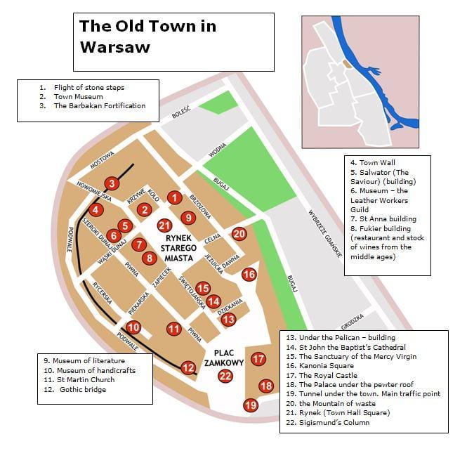 华沙市老城的地图